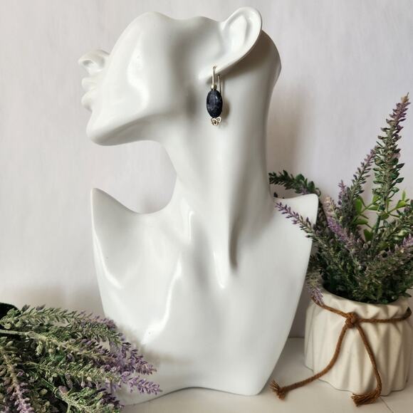 Blue Sodalite Stone Wire-Wrapped Dangle Earrings / Minimalist Gemstone Earrings - Picture 14 of 15